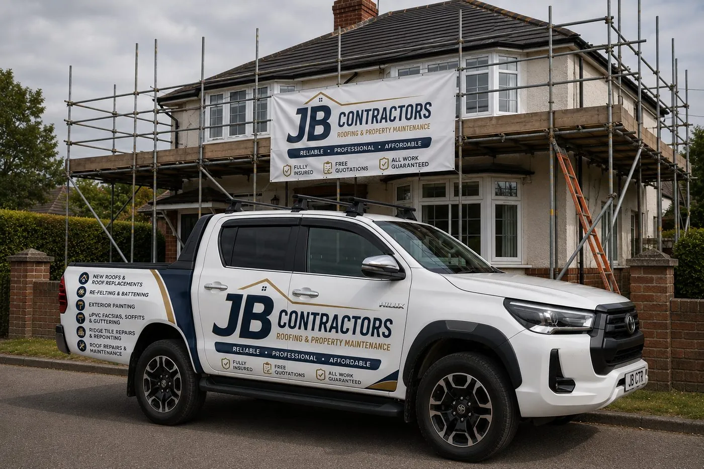 Mullion Roofing pickup truck on site at a scaffolded roofing job in Mullion